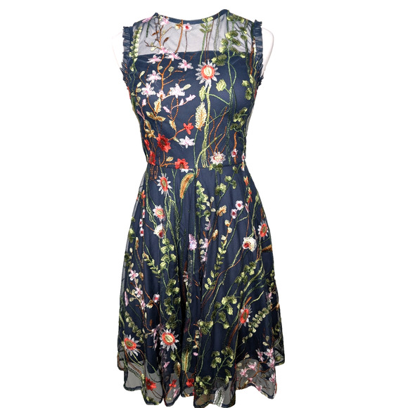 Morgan & Co Navy Lace Floral Embroidered Illusion Garden Fairy Short Formal Gown - Picture 3 of 16
